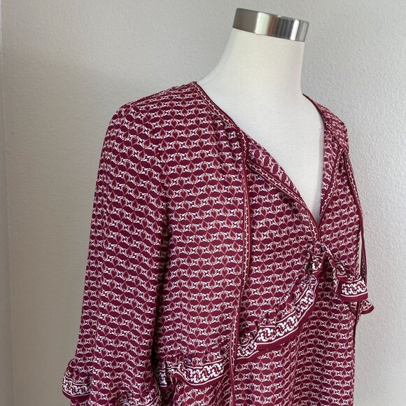 Max Studio Womens Large Burgundy White V Neck Ruffle Blouse Shirt Top - Picture 2 of 12